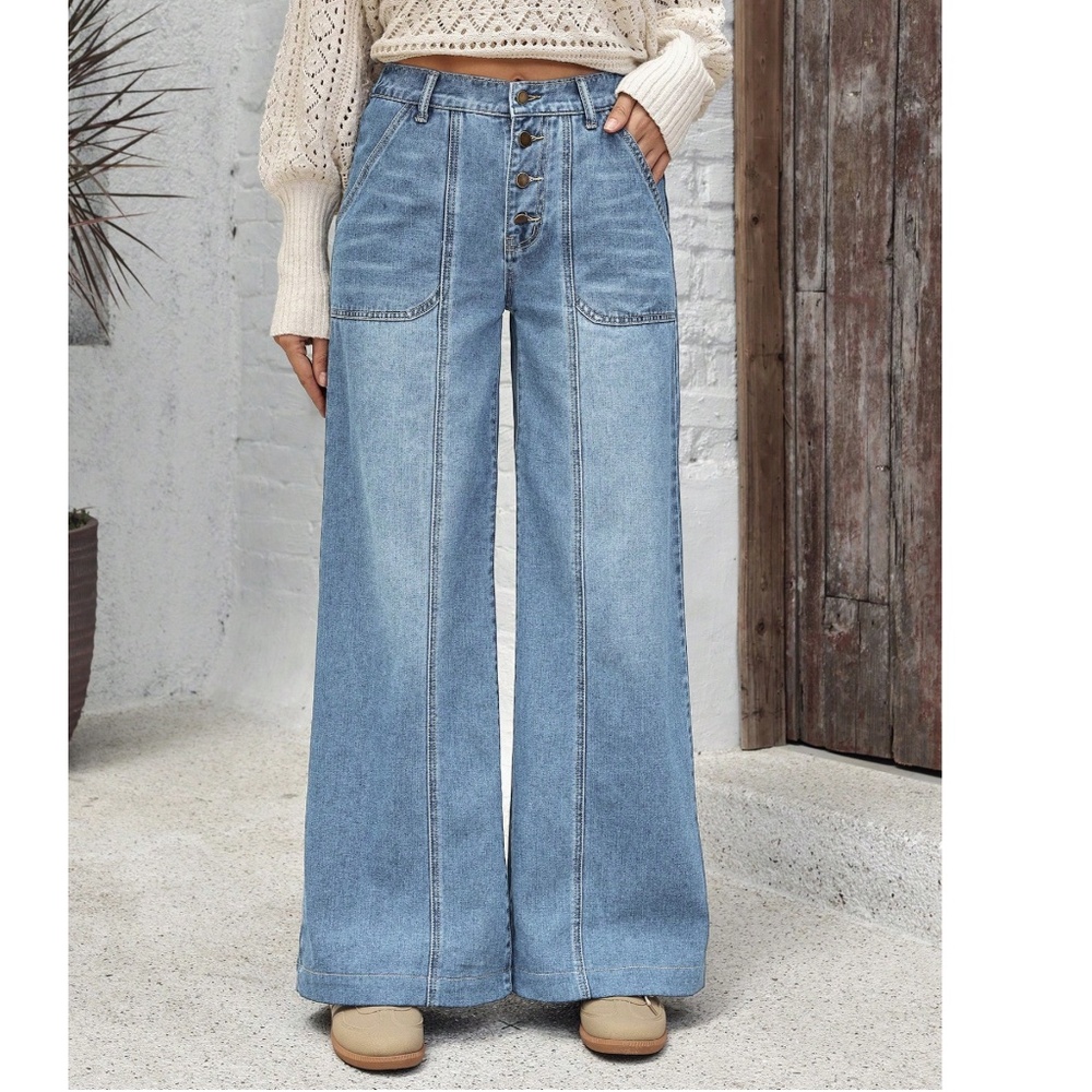 Dark Wash  Blue Wide leg Button Fly Wide leg Denim Jeans - Picture 3 of 8